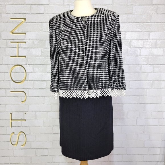 St. John Dresses & Skirts - New St John Wool Silk Blend Lace Trim Black White Sweater Knit Skirt Suit Set